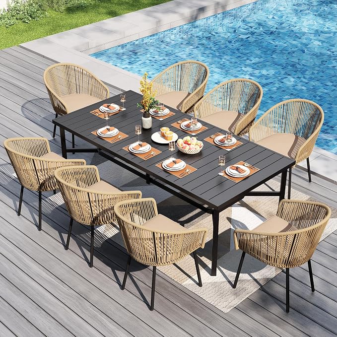 PHI VILLA 9pc Outdoor Dining Set, 83" Rectangle Table & 8 Rattan Chairs | Outdoor dining set for 8, Metal table with umbrella hole, Cushioned brown wicker chairs. Modern design for patio, deck, porch