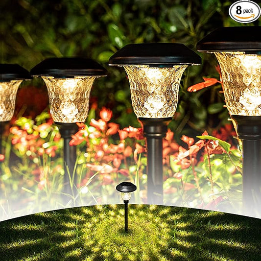 GIGALUMI Metal & Glass Solar Lights Outdoor, 8 Pack LED Garden Lights | Solar Pathway Lights Waterproof IP65, Warm White Landscape Path Lights, Garden Decor for Yard, Patio, Walkway (Black)