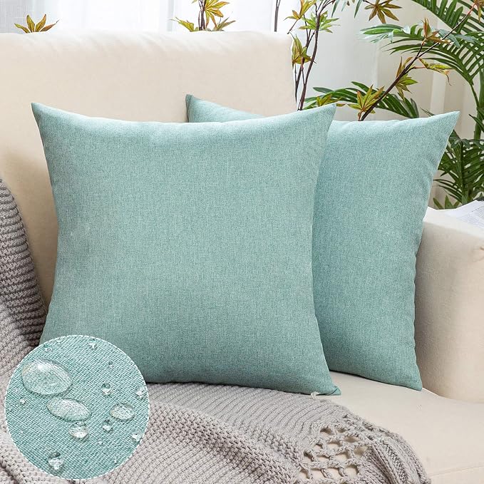 Outdoor Waterproof Throw Pillow Covers Teal 16x16 Set of 2 | Decorative Farmhouse Linen Pillowcases Solid Cushion Cases for Patio Tent Balcony Couch Sofa Living Room