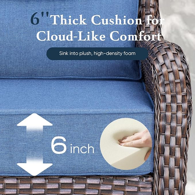 Belord Luxury 6" Thick Cushioned Outdoor Swivel Rocker Chairs Set of 4 with Fire Pit Table, High Back Wicker Patio Furniture Set with Ergonomic Zone Back, Conversation Set for Deck Porch - Brown+Blue