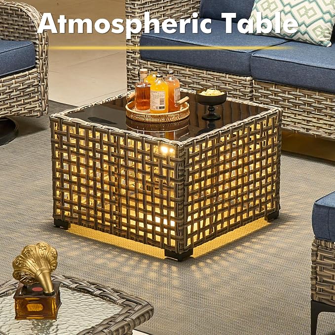 CAODOC 9-Piece Outdoor Sectional Sofa Set w/ 42" Fire Pit – L-Shaped Wicker Patio Furniture, Deep Seating & Swivel Rockers,Light Blue