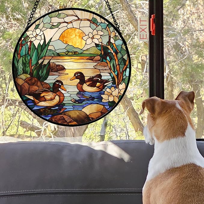 Stained Glass Window Hanging, Ducks in the Pond Sun Catcher for Door Home Decor Landscape Plant Suncatcher Christmas Mother's Day Birthday Gifts for Women Men Mom Nana 7.8 in