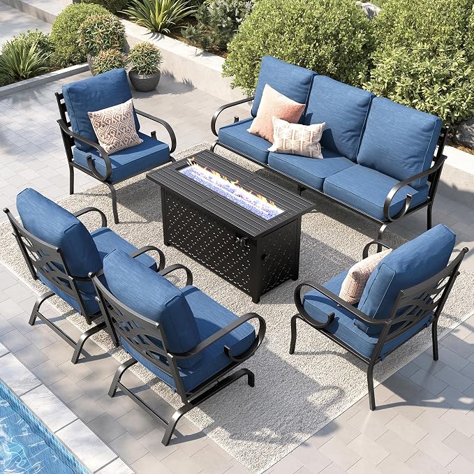 PHI VILLA Patio Furniture Set, 3-Seater Sofa, 2 Fixed Chairs, 2 Rocking Chairs and a 45" Fire Pit Table, Outdoor Metal Conversation Set with 5.75" Extra Thick Cushion for Garden Backyard Deck, Navy