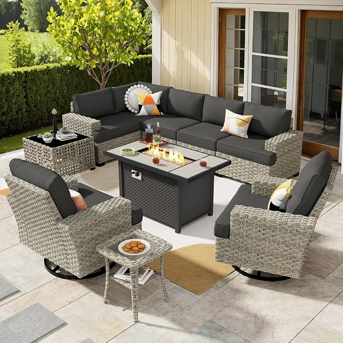 Weaxty 10 Pieces Outdoor Patio Furniture Set with Swivel Rocking Chair, Outdoor Sectional Sofa Couch Wicker Modular Patio Conversation Set w/42 Fire Pit and Coffee Side Table,Black
