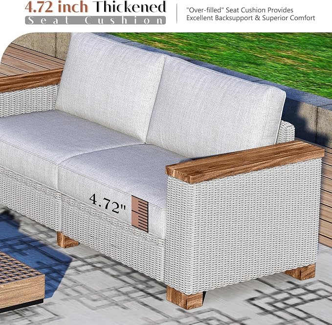 LUXOAK 5-Piece Patio Furniture Sets, Wicker Sofa Set with 5.9" Wider Solid Wood Armrest, Outdoor Conversation Set with Wood Legs, Patio Sectional Set for Backyards, Porch, Poolside, Garden