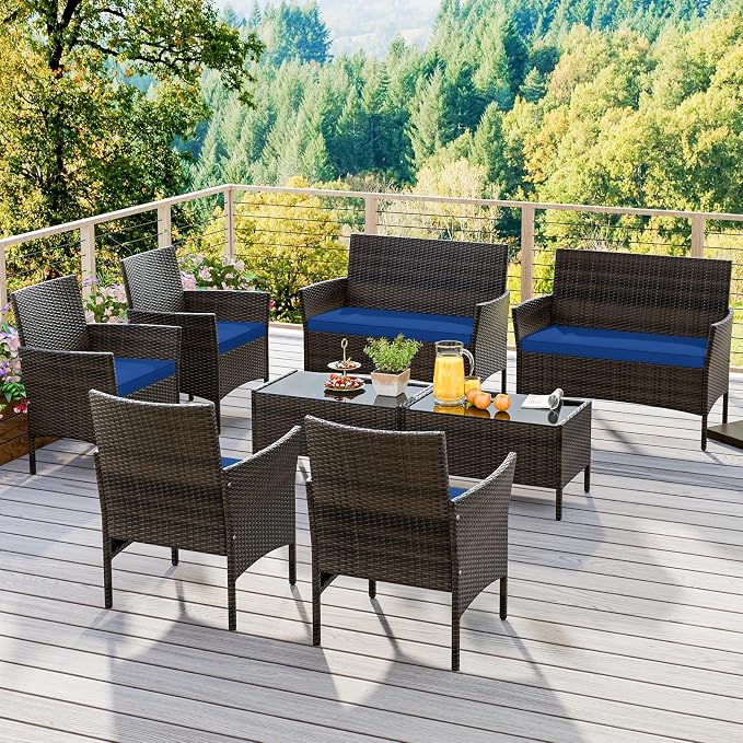 KOTEK 8 Piece Patio Furniture Set, Outdoor Rattan Conversation Set with Loveseat, Wicker Chairs, Tempered Glass Coffee Table, Wicker Patio Set for Backyard, Porch (Navy)