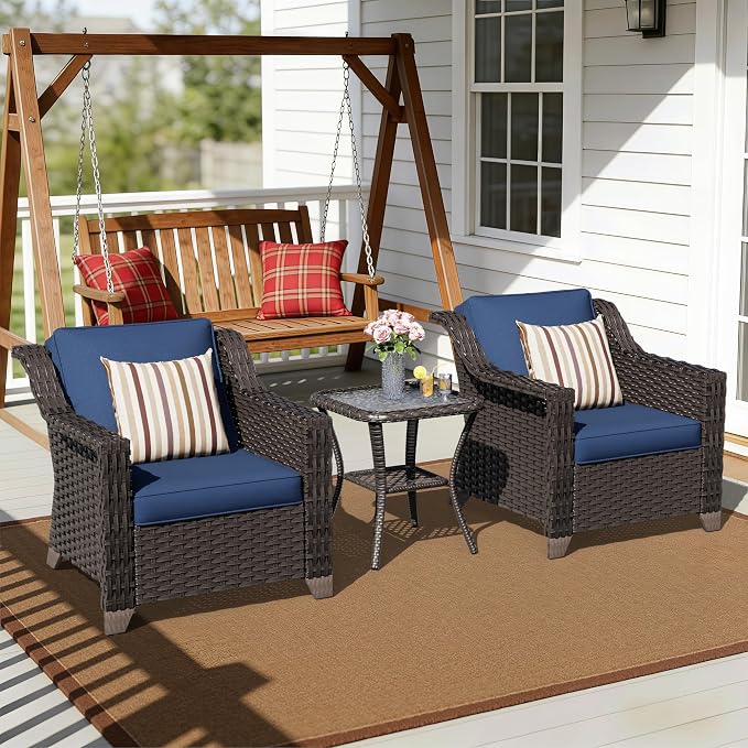 3 Pieces Patio Conversation Furniture Set - 2 Armchairs, 1 Side Table, Outdoor Wicker Furniture with Removable Cushions for Porch, Balcony, Deck, Sunroom (Blue)