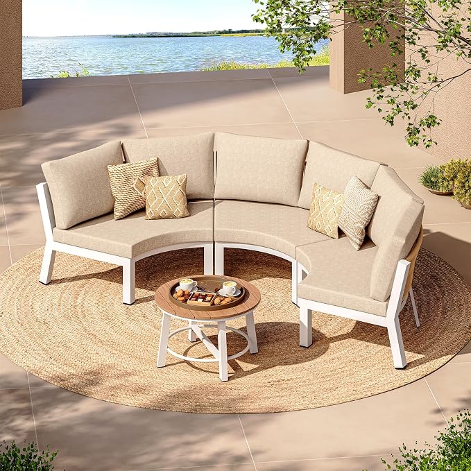 Outdoor Patio Furniture Set,4 Piece Aluminum Half-Moon Patio Conversation Sets, PE Rope Curved Sofa, All-Weather Outdoor Sectional Sofas with Modular Coffee Table & Cushions, White