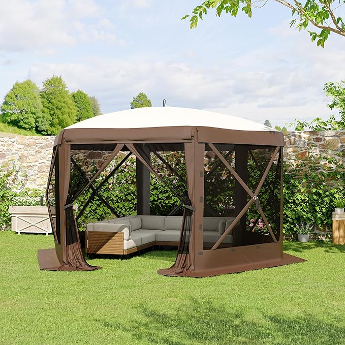 GarveeLife 13x13FT 6-Sided Pop Up Canopy Tent，One-Push Setup Canopy Tent with Removable Canopy Top & Wind Cloths, Outdoor shelter for Camping, Backyard Parties, Outdoor Events - Beige & Khaki