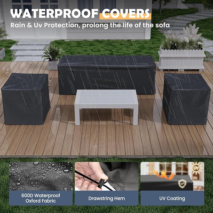 Amopatio Aluminum Patio Furniture Set, 6 Pieces Metal Outdoor Patio Furniture Sets, Outdoor Sectional Modern Sofa Couch with Coffee Table for Pool, Garden, White&Blue (Included Waterproof Covers)
