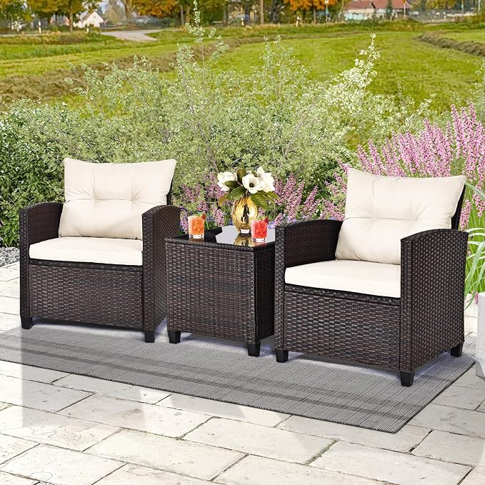 3-Pieces Patio Furniture Set, PE Wicker Chairs Sofa Set with Removable Cushions & Glass Top Side Table, Outdoor Wicker Rattan Conversation Chair for Porch,Backyard, Balcony (White)