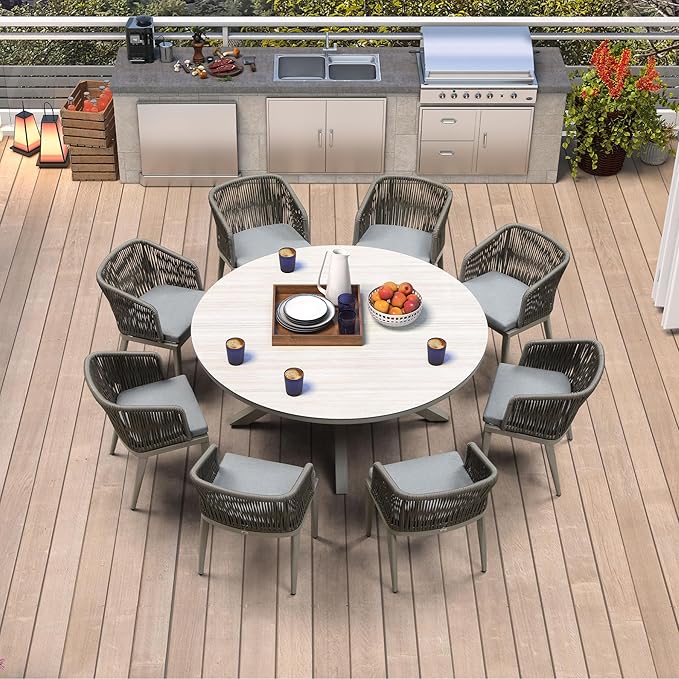 PURPLE LEAF 9 Pieces Round Patio Dining Set Aluminum Frame and Wicker Rattan Round Table and Arm Chairs with Cushions for Garden Porch Modern Outdoor Grey