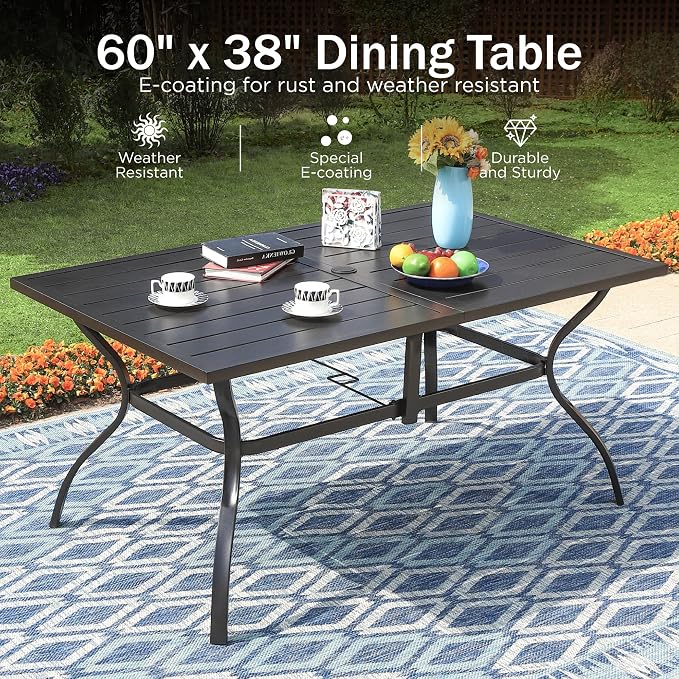 PHI VILLA Patio Dining Set for 6, Large Metal Dining Table with & 6 Outdoor Aluminum Stackable Chairs, Lightweight and Breathable Fabric, Outdoor Dining Set for Deck Porch, Grey