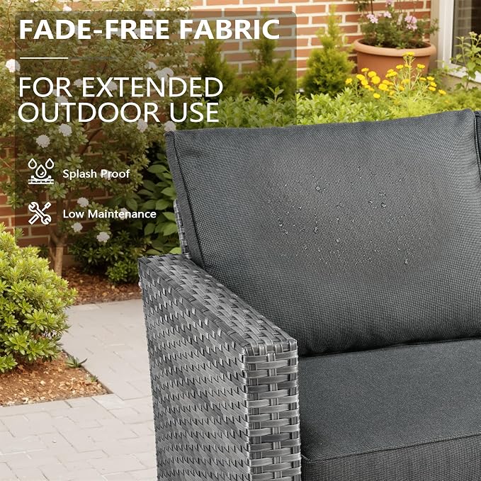 CAODOC Patio Furniture, All Weather Wicker 6 PCS Outdoor Sofa with High Back Swivel Rocker Chairs, Conversation Set with Solar Light Coffee Table,Light Rattan Black Cushion