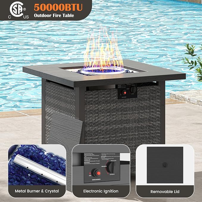 6 Pieces Rattan Outdoor Furniture Set, All-Weather Patio Conversation Set with Dark Grey Cushions, Coffee Tables and 28" Fire Pit Table