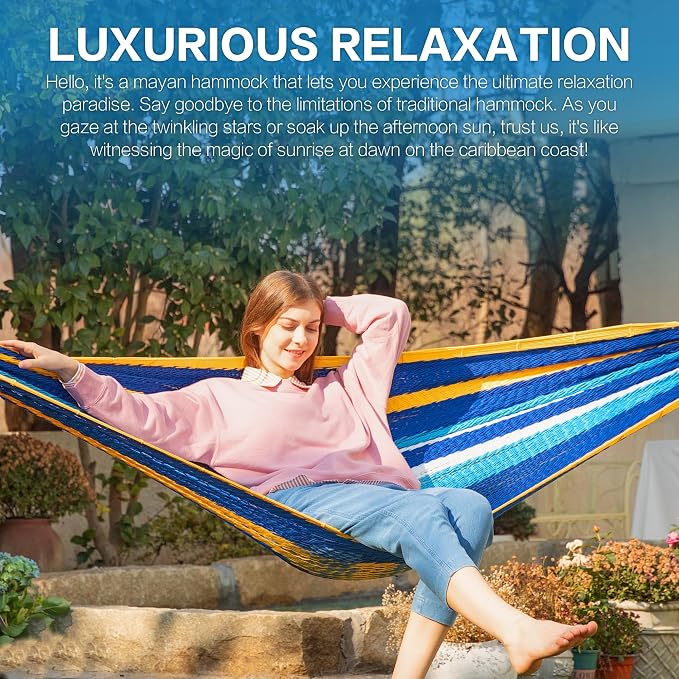 PNAEUT Handwoven Mayan Hammock, Thick Soft Rope Double Hammock for Outdoor Outside & Indoor, 600 lbs Capacity Heavy-Duty, Includes Tree Straps, Carabiners & Carrying Bag (Caribbean Sea, X-Large)