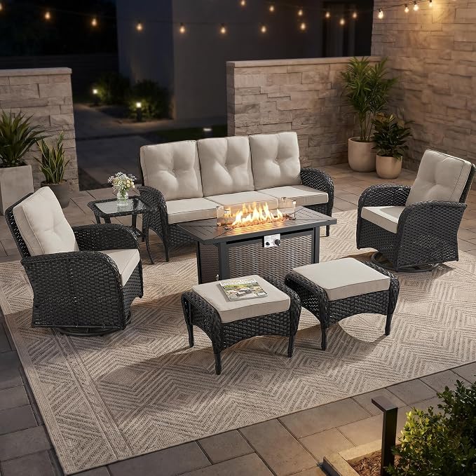 7 Piece Patio Furniture Set with Fire Pit Table - Wicker Patio Conversation Set with Swivel Glider, 3 Seat Sofa, Side Table and 2 Ottomans for Deck Backyard - Black Wicker Beige Cushion
