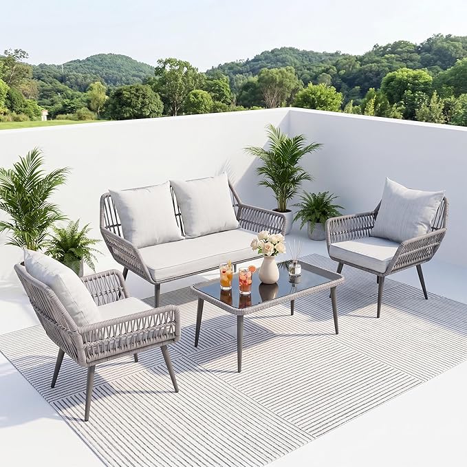4-Piece Wicker Patio Furniture Set – Outdoor Conversation Set with 2 Armchairs, Loveseat & Tempered Glass Coffee Table, All-Weather Rattan Couch for Backyard, Deck, Balcony, Gray