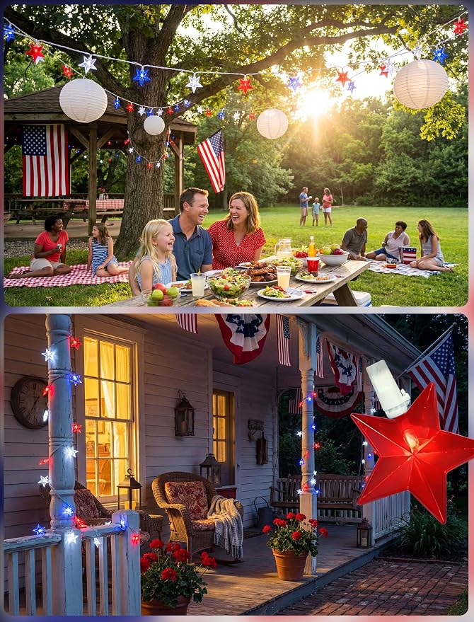 35 LED Patriotic Star String Lights, 13.6FT 4th of July Red White and Blue String Light with LED Mini Bulbs, Waterproof Connectable Independence Day Lights for Home Patio Garden Yard Memorial Day
