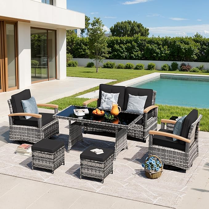 MEISSALIVVE 7 Pieces Patio Furniture Sets, PE Wicker Outdoor Conversation Sets with 2 Wood Armrests Swivel Rocker Chairs, 2 Ottomans, 2-seat Sofa and Dining Table (Black)