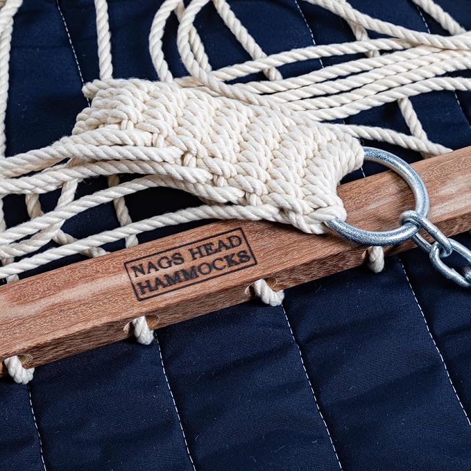Nags Head Hammocks Navy Quilted Hammock, Constructed of Durable Fabrics, Cumaru Spreader Bar, Rolled Rim Grommets, Galvanized Hardware, Handcrafted in The Carolinas