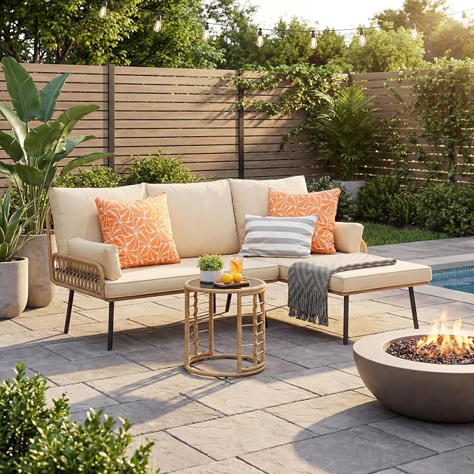 Gizoon 3-Piece Outdoor Patio Furniture Set, All-Weather PE Wicker L-Shaped Conversation Sofa with Thick Cushions & Glass Table, for Backyard, Porch, Balcony, Poolside (Beige)