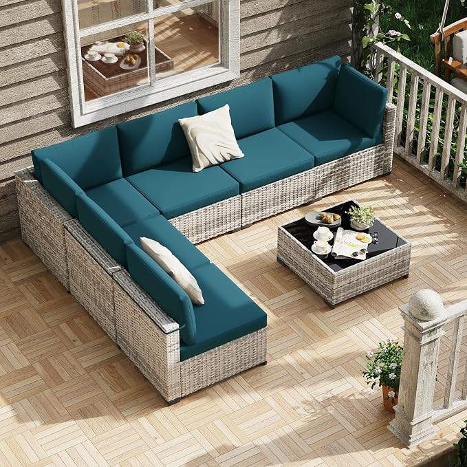 KIGOTY Patio Furniture Set,7 Pieces Modular Outdoor Sectional Sofa, PE Rattan Patio Conversation Set, All Weather Wicker Patio Furniture with Cushions and Coffee Table（Grey White/Peacock Blue）