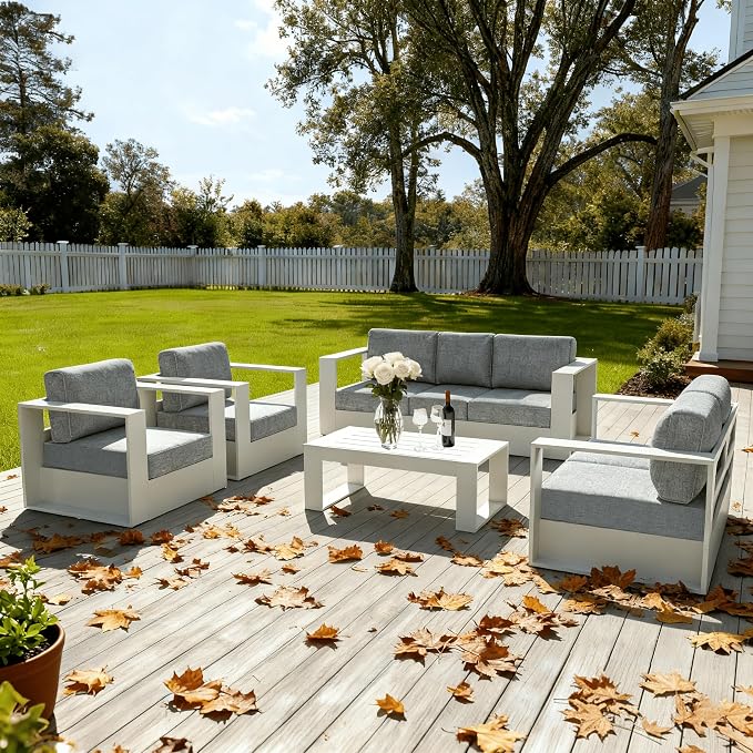 LayinSun Oversized Aluminum Outdoor Furniture Set, 4 Piece Patio Sofa Sets with Coffee Table, Deep Seating and Upgraded 6-inch Cushions for Porch, Balcony, Deck