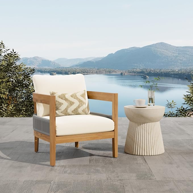 Merax 27.5" Outdoor Curved Accent Chair with All-Weather Cushions, Acacia Wood Frame Single Club Chair for Porch, Lawn, Backyard, Balcony, Teak+ Beige