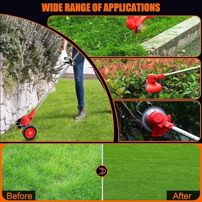 Electric Weed Wacker Cordless, 21V Lightweight Weed Wacker Battery Powered Brush Cutter, 3-in-1 Grass Trimmer/StringlessWeed Trimmer/Edger with Wheels&3Types Blades for Lawn, Garden & Yard