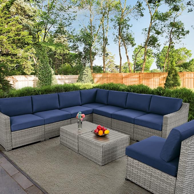 HAPPATIO 10 Piece Patio Conversation Set,Patio Furniture Set with Multiple Configuration Options,Rattan Wicker Outdoor Sectional Sofa with Thick Cushions. Easy Setup. (Gray/Blue)