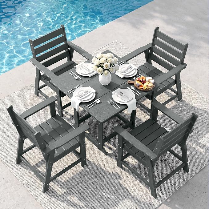 5 Piece Patio Dining Set, HDPE All-Weather Furniture with 4 Chairs & 1 Square Table, for Backyard, Garden, Garden, Gray