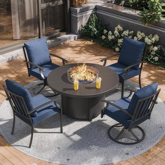 ALAULM 5-Piece Outdoor Dining Set for 4 Metal Outdoor Patio Furniture with 2 Swivel Chairs & 40000 BTU Round Fire Pit Table for Patio, Backyard, Garden-DarkBlue