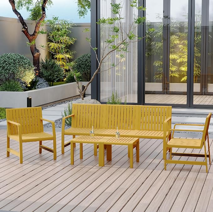KEIKI 5 PC Outdoor Indoor 3-Seater Sofa,2 Chairs and 2 Coffee Tables PP Furniture Conversation Set Easy Assembly for Patio