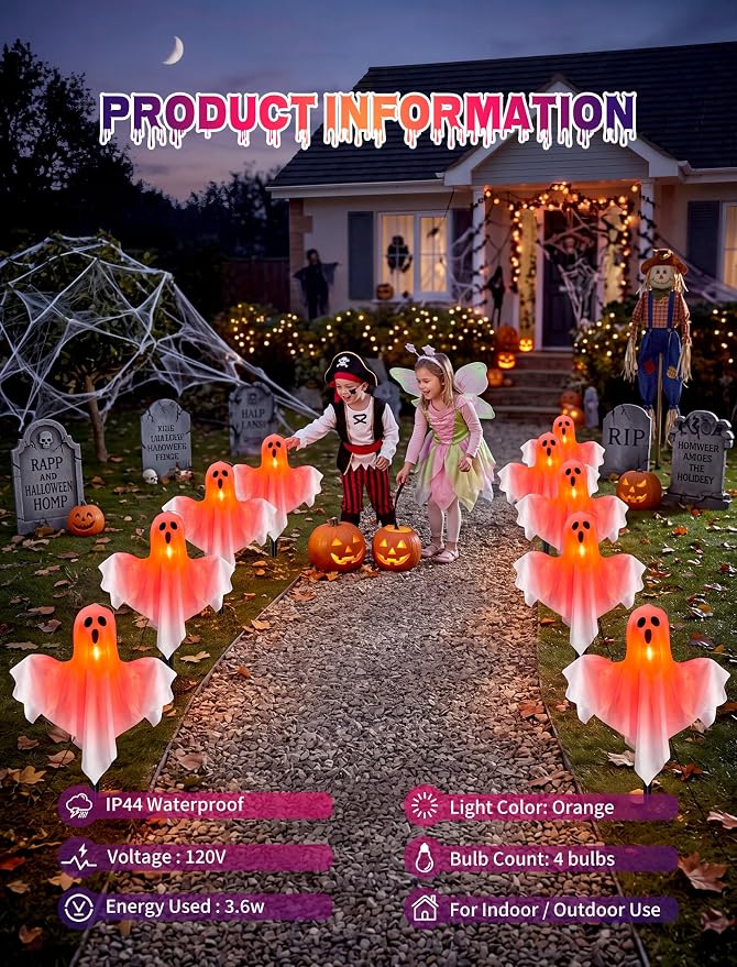 4Pack Halloween Outdoor Pathway Lights, Plug In LED White Ghost Decor Light | 11.5Ft Connectable, Dimmable, Hanging, Indoor and Outdoor for Sidewalk Lawn Garden Porch Balcony Ghost Party Halloween Decor
