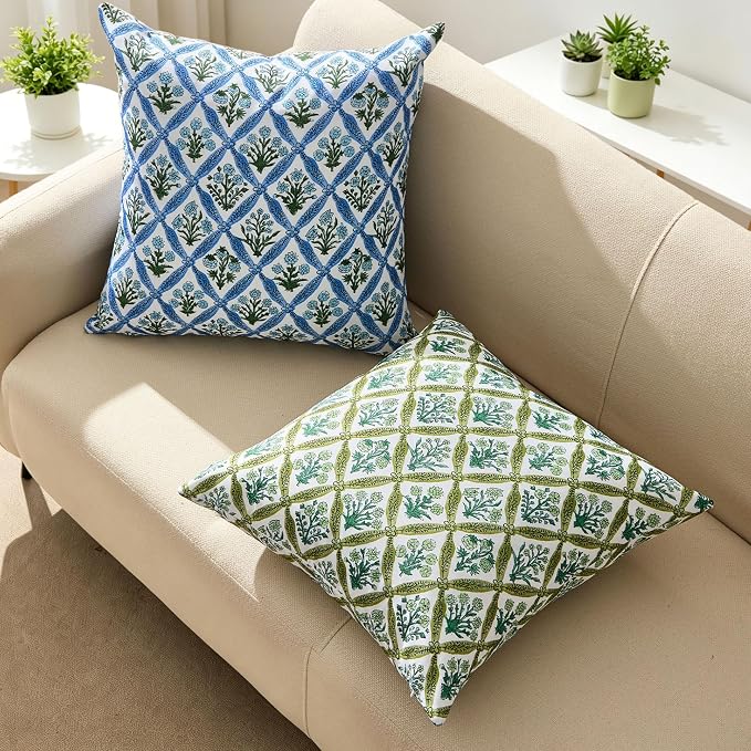 Allorry Floral Outdoor Pillow Covers 18x18 Blue Outdoor Waterproof Decor | Set of 2 Vintage Floral Block Print Pillow Cover,Farmhouse Boho Decorative for Spring Summer Outdoor Sofa Bedroom Decor