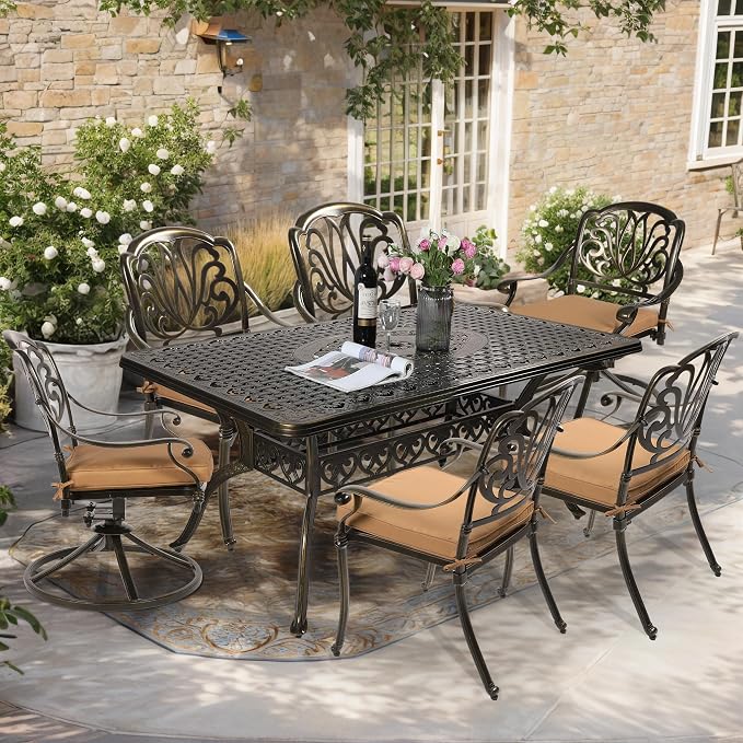 7-Piece Outdoor Patio Dining Set, 60” Rectangular Cast Aluminum Dining Table with Umbrella Hole and 4 Stationary, 2 Swivel Rocker Chairs, 6 Cushioned, Backyard, Patio, Garden