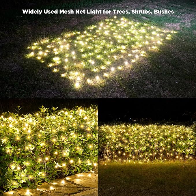 Led Net Lights Christmas Lights Outdoor 200Led 9 ftx 6ft Upgraded WarmWhite Christmas Net Lighting, Waterproof 5mm LED Wide Angle Outdoor Indoor Mesh Net Light for Trees, Bushes, Shrubs Decorations