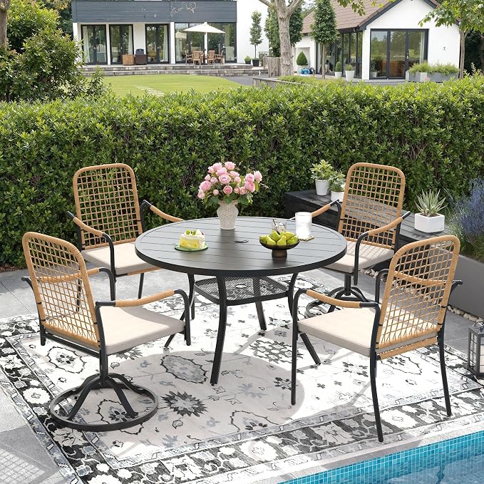DIFY 5 Pieces Outdoor Dining Set for 4, Patio Furniture Set of 4 Wicker Patio Chairs with Soft Cushions and 40.6" Black Round Metal Table with Umbrella Hole, for Backyard Garden Deck, Wheat Rattan