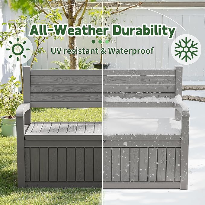 80 Gallon Outdoor Storage Bench Spacious Storage Box Waterproof Resin Deck Box Lockable for Patio, Garden, Livig Room & Outdoor Spaces（Grey）