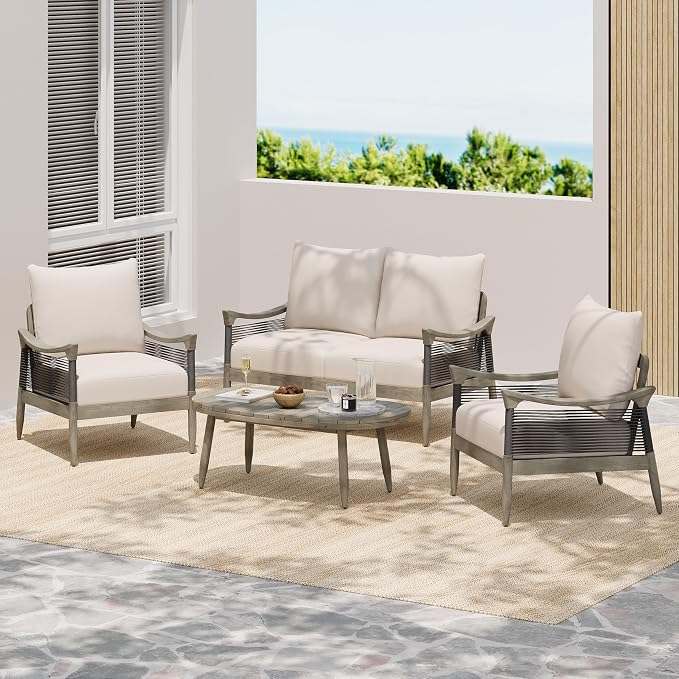 Christopher Knight Home Havets 4 Piece Patio Conversation Sets, Outdoor Acacia Wood Patio Seating Group,Woven Rope Loveseat Chairs with Cushions and Coffee Table for Porch Backyard Balcony, Gray+Beige