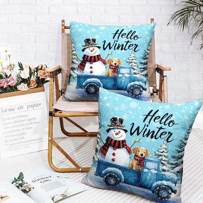 Hello Winter Pillow Covers Blue Truck with Lovely Snowman Puppy Dog Throw Pillow Case Snowflakes Snowman Cushion Case 22x22 Set of 2 for Holiday Decorations Couch Sofa