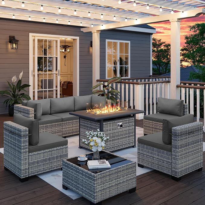8-Piece Outdoor Patio Furniture Set with 55,000 BTU Fire Pit Table, PE Wicker Rattan Sectional Sofa Conversation Set - All-Weather Garden, Backyard Furniture, Grey
