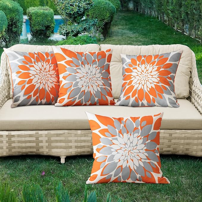 Pack of 4 Fall Outdoor Waterproof Pillow Covers 18x18 Decorative Outdoor Throw Pillows Garden Square Cushion Cases for Patio Furniture, Couch, Tent Sunbrella, Bench, Orange Grey
