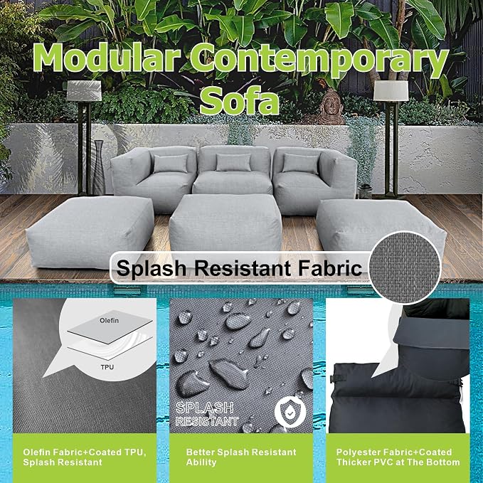 Dineli ANNYH CALALUNA 6Pc Patio Garden Furniture Sectional Conversation Set.Combines 1 Middle & 2 Corner Chairs, 3 Ottoman, Outdoor Exp Foam Filled Modular Contemporary Sofa (Dark Gray)