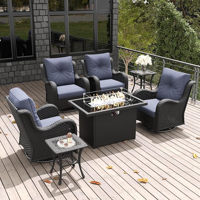 LayinSun 7 Pieces Outdoor Patio Furniture Set with Fire Pit Table, Rattan Wicker Swivel Rocker Chairs Sets with Swivel Glider Chairs and Coffee Table