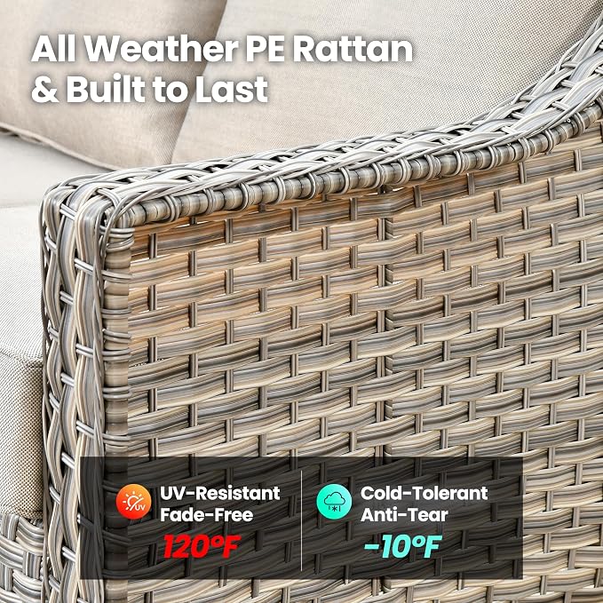 6 Piece Patio Furniture Set with Solar Lights Coffee Table, Outdoor Wicker High Back Sofa Chairs Ottomans with Cushions, All Weather Conversation Set for Backyard Porch Deck, Beige