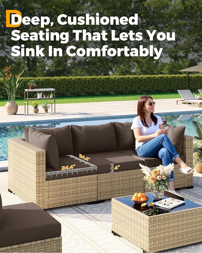 UDPATIO Furniture Set, 7 Piece Sectional Sofas with Wicker Coffee Table, Conversation for Garden, Backyard, Yellow/Brown