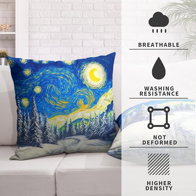 Winter Pine Forest Pillow Covers Van Gogh Starry Night Throw Pillow Covers Christmas Tree Pillowcase 16x16 Set of 2 Double Sided Printing Cushion Case for Living Room Couch Sofa