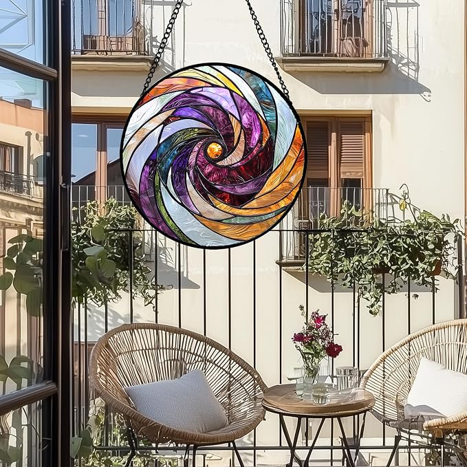 DASTOLL Stained Glass Window Hanging, Colorful Abstract Spiral Pattern Suncatcher for Doors Window Home Sun Catchers Decoration Mother's Day Birthday Gifts for Women, Men, and Mom 9.8 in